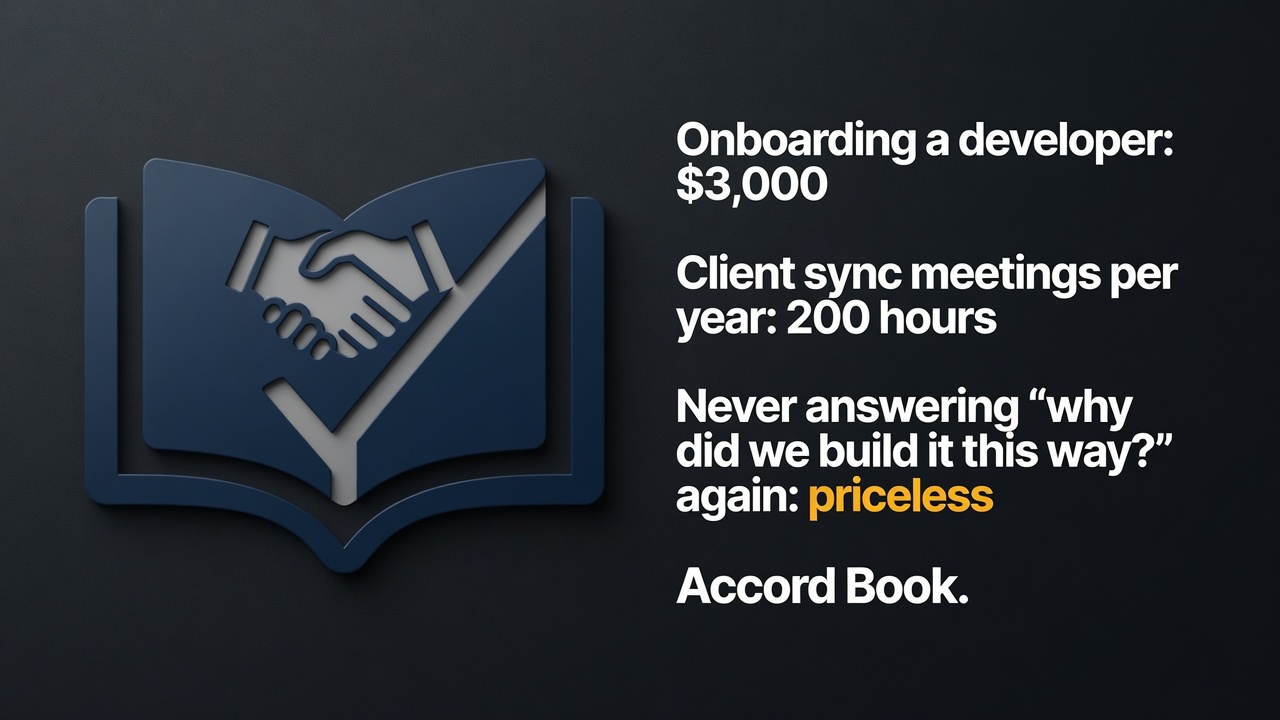 Onboarding a developer: $3,000 — Client sync meetings per year: 200 hours — Never answering 'why did we build it this way?' again: priceless. Accord Book.